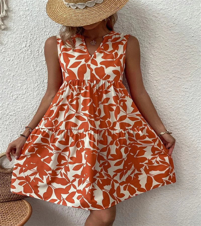 Spring and summer European Ladies Elegant Dress Bohemian fashion loose V-neck ruffle print dress. S-2X