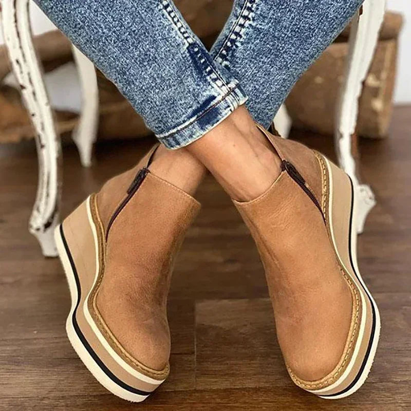 Wedges Women's Ankle Platform Booties Comfortable Zipper Leather Shoes