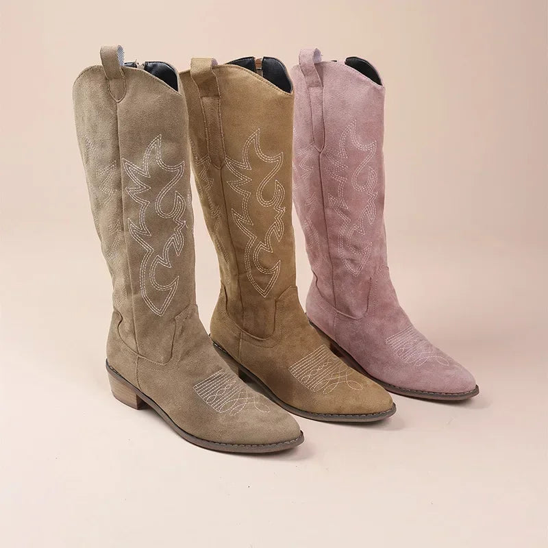 Embroidered Western Cowboy Boots for Women Pointed Toe Thick Heel High Knee Boots. Botas Mujer