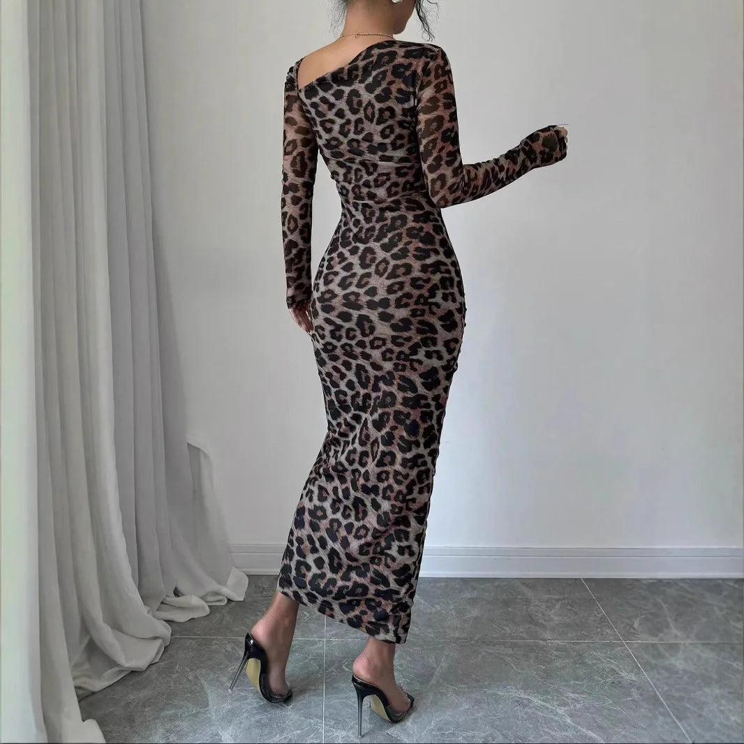 Sexy Leopard Print Fashion Ruffled Sexy Slit Party Dress For Women. S-XL