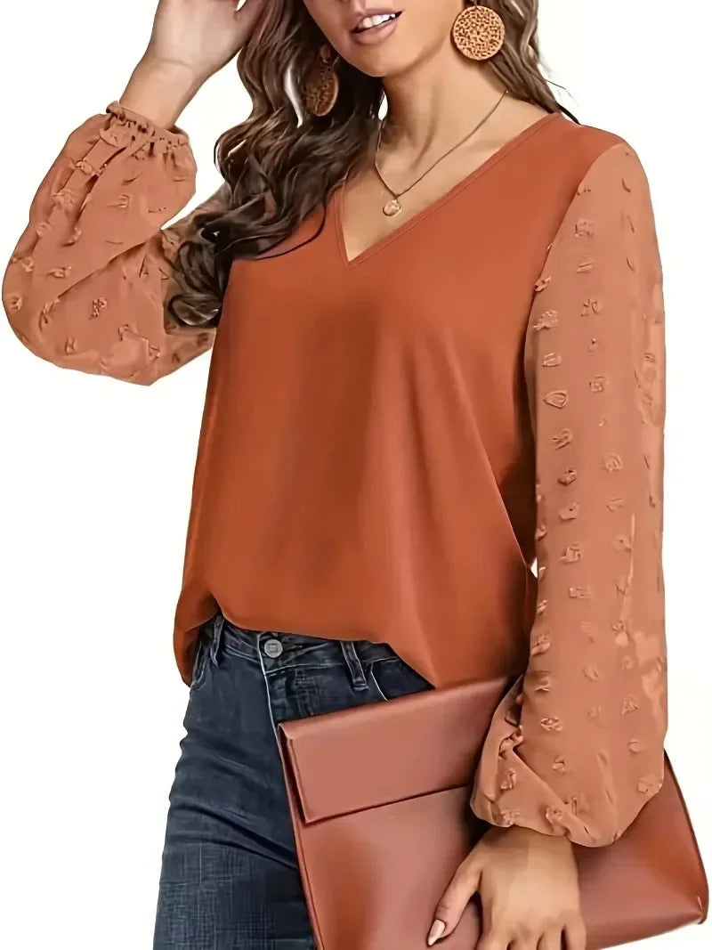 Plus Size 1XL-5XL Women's Polka Dot Sleeved Long Sleeved Casual V-neck Solid Colour Sleeves Semi Transparent Shirt