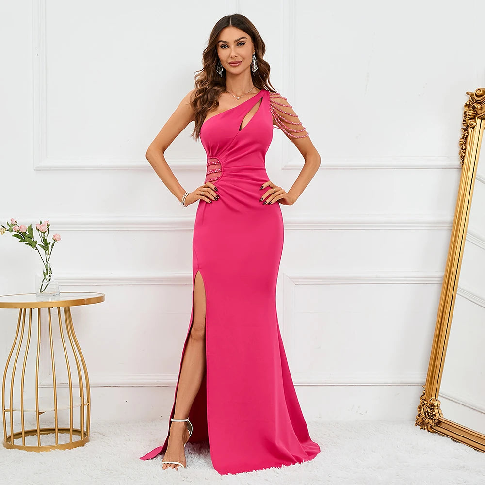 Sexy Slit Dress One Shoulder Soft Satin Pleated Beading Long Evening Party Maxi Dress
