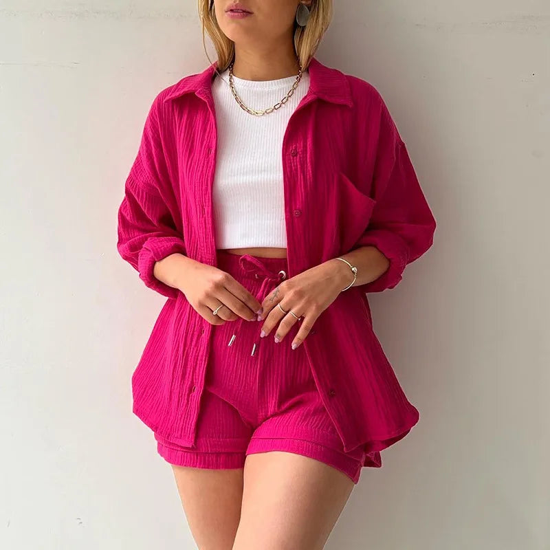 Ladies Shorts And Single Breasted Cardigan Blouse Two Piece Shorts And Loose Button Up. S-2x