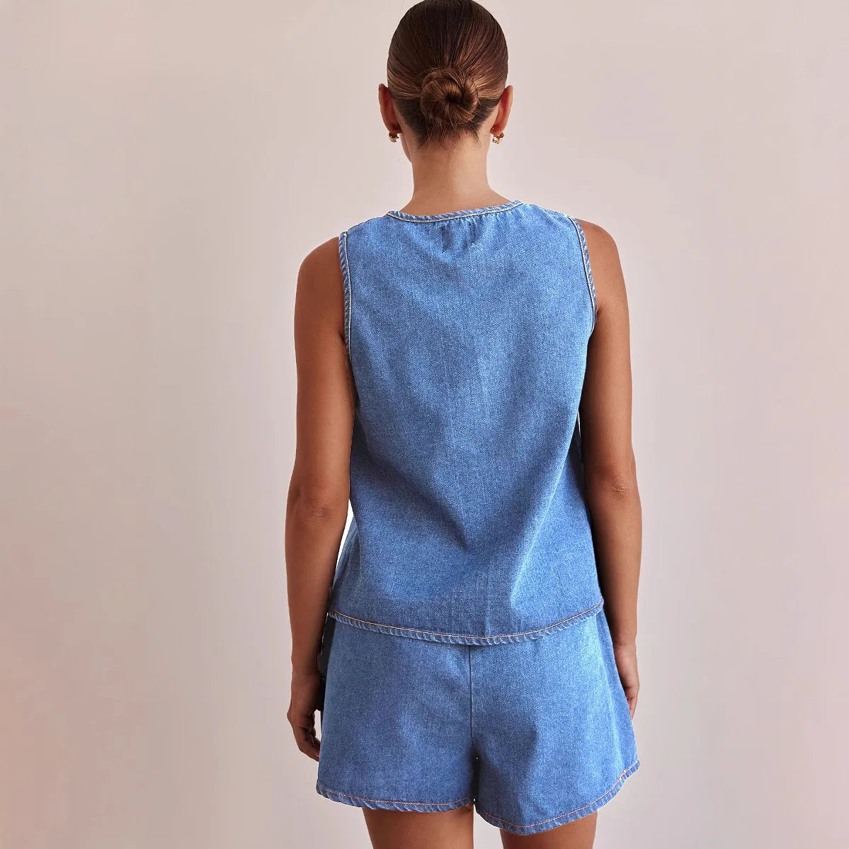 Denim 2 Piece Casual 2025 Sleeveless Tank Top Lace Up High Waist Shorts Suit. S-XXL