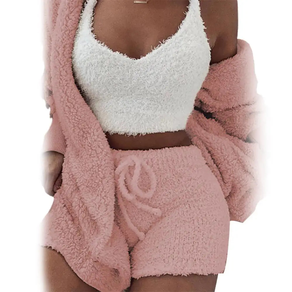 3 Piece Fluffy Outfit Plush Sexy Backless Fleece Pyjamas/Lounge wear Set