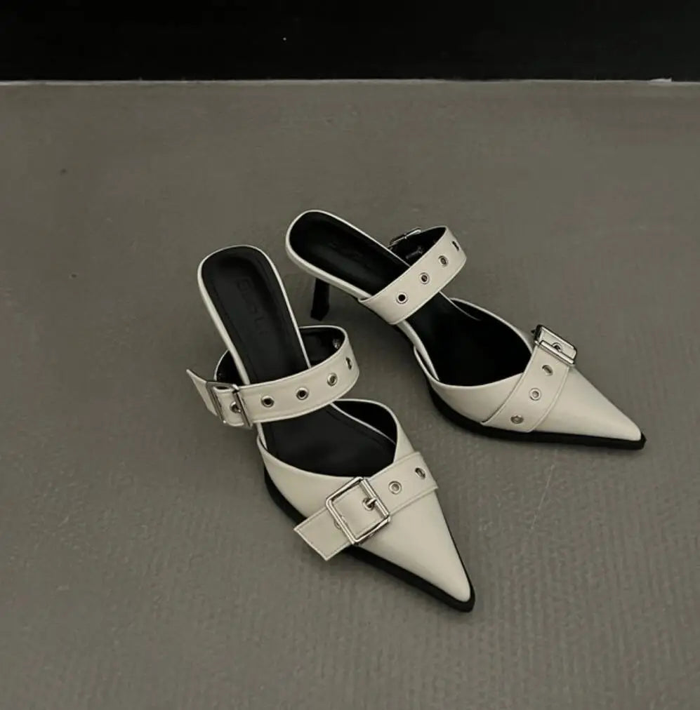 Metal Buckle High Heel Sandals Pointed Toe Thin Heels Sandals.