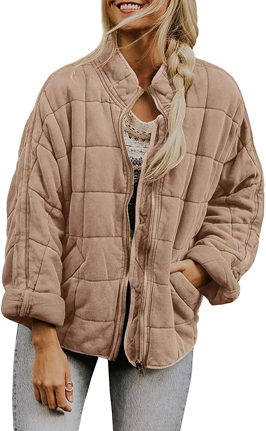 Solid Colour Stand-up Neck Cotton Jacket New Loose Pocket Long-sleeved. S-2X