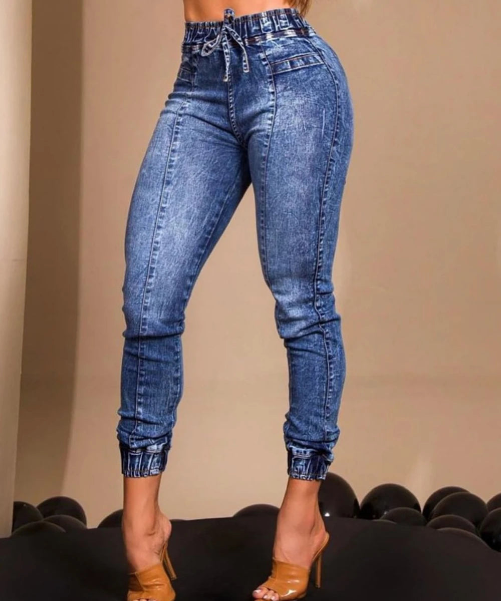 Women Jeans Elastic Waist Solid Colour Pencil Pants Street Wear Casual Slim Fit High Street Flat Zipper.
