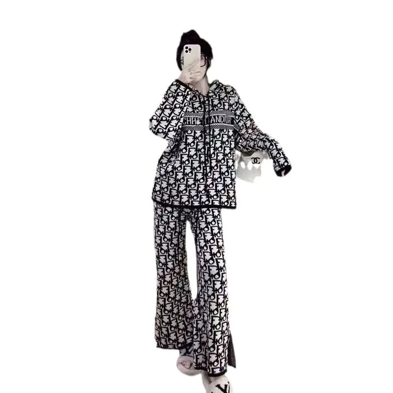 Letter Print Hooded Sweatshirt Set Women All Season New Wide Leg Pant Fashion Casual Two-piece Set . M-XXL