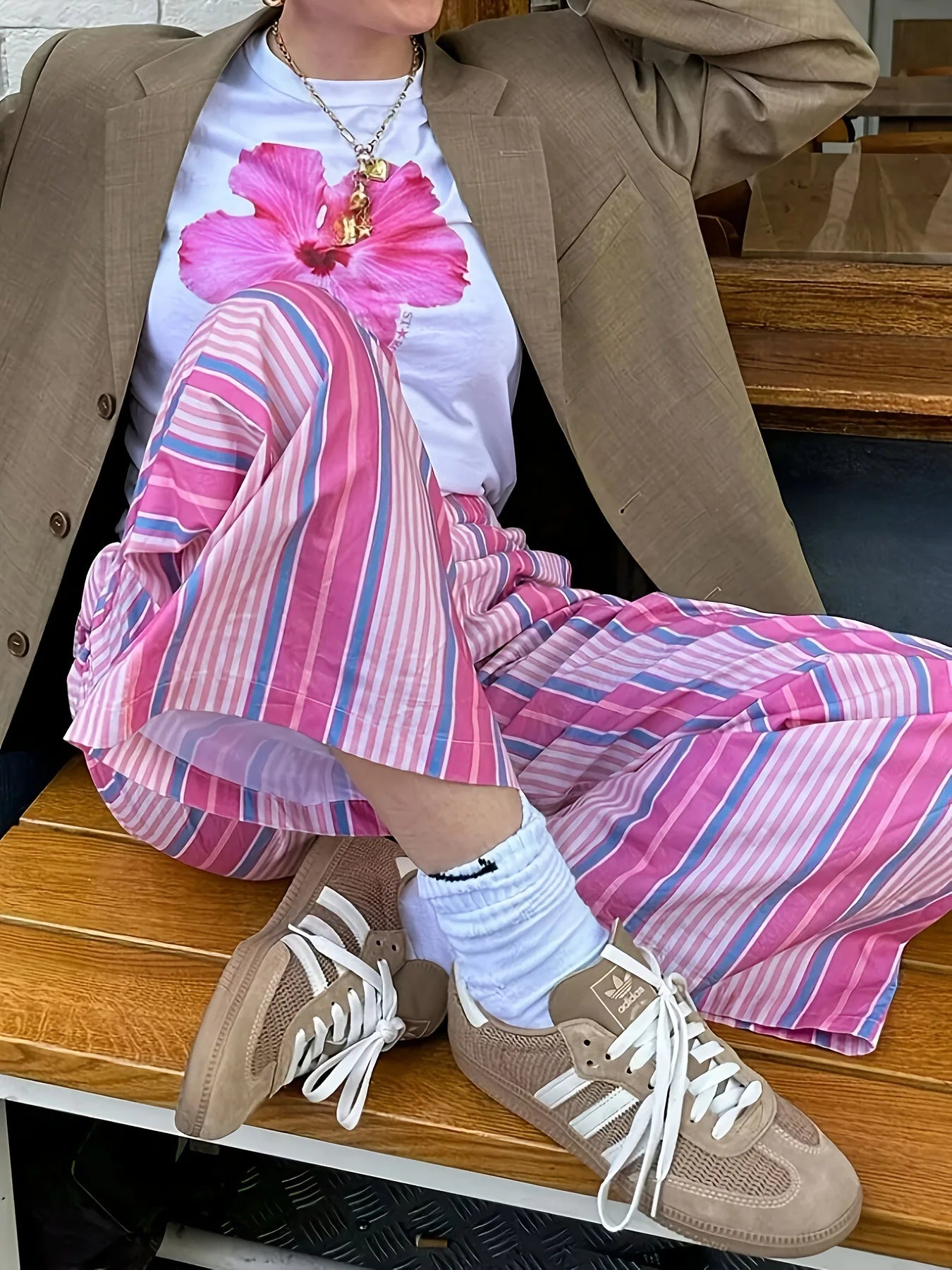 2025 European style women's striped high waist loose fashionable casual comfortable pants. XS-XL