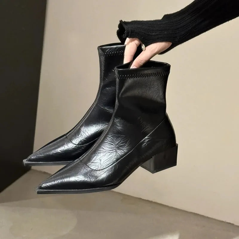 Autumn Women Ankle Boot Pointed Toe Square Low Heel Casual Footwear.