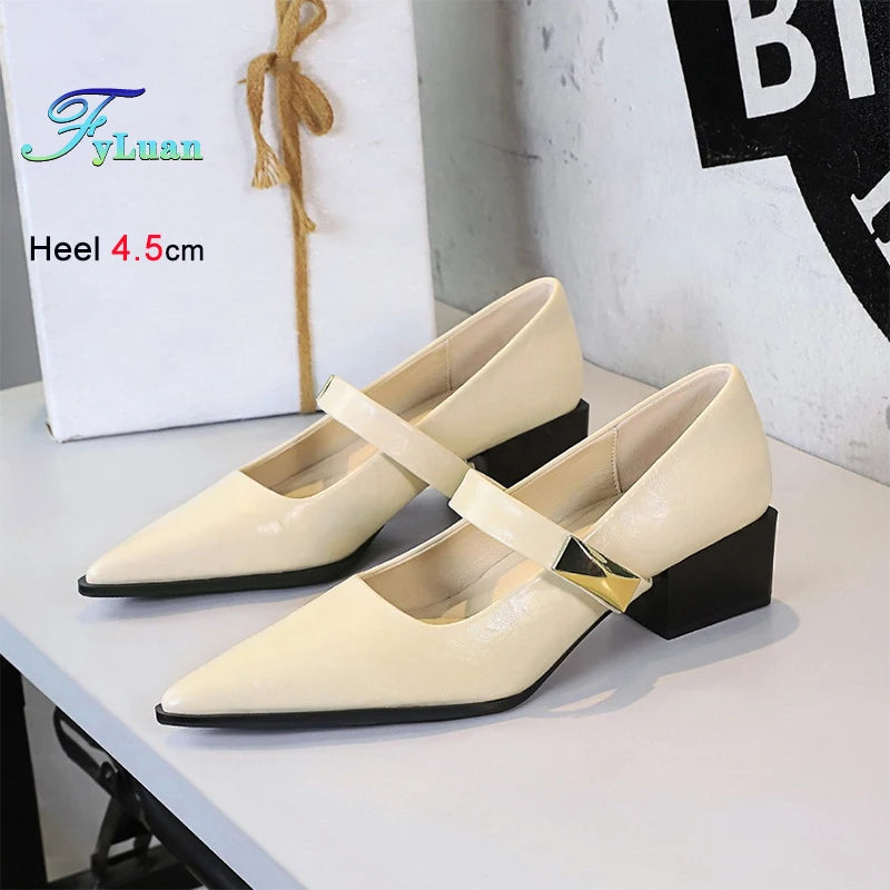 Retro Beautiful Italian Style 4.5cm Pumps Low Heeled Pointed Women Shallow Mouth Metal Buckle Pumps Thick Heel