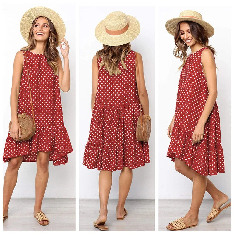 Ruffled Polka Dot Dress Sleeveless, Round Neck, Loose Hem, S-2X