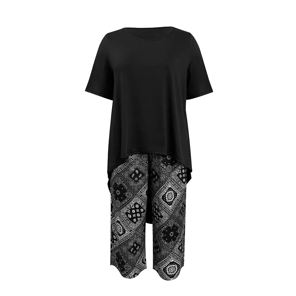 Plus Size Women's Suit Shirt and Printed Loose Cropped Pants Casual Fashion