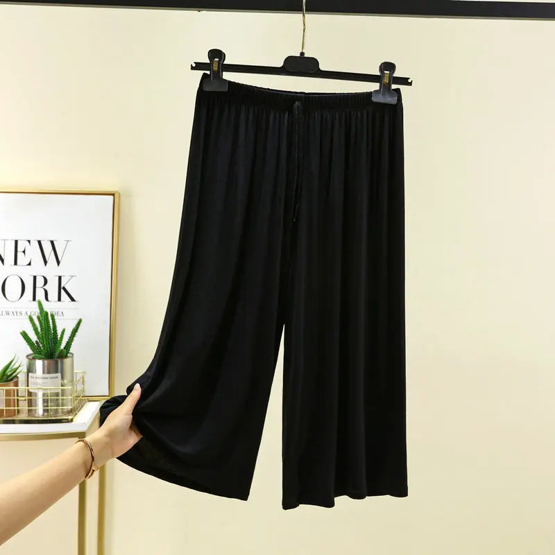 Plus Size Capri Pants Women's Summer Loose Fit Wide Leg Elastic Waist Casual Wear