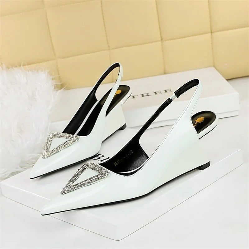Women Wedge Shoe High Heel Pointed Toe, Back Straps Patent Leather Triangle Metal Crystal Buckle Pumps