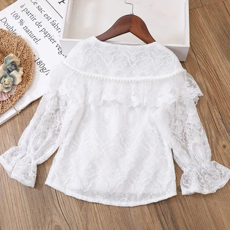 Girls Set All Season Children's Lace Long-sleeved Shirt Two-piece Set.