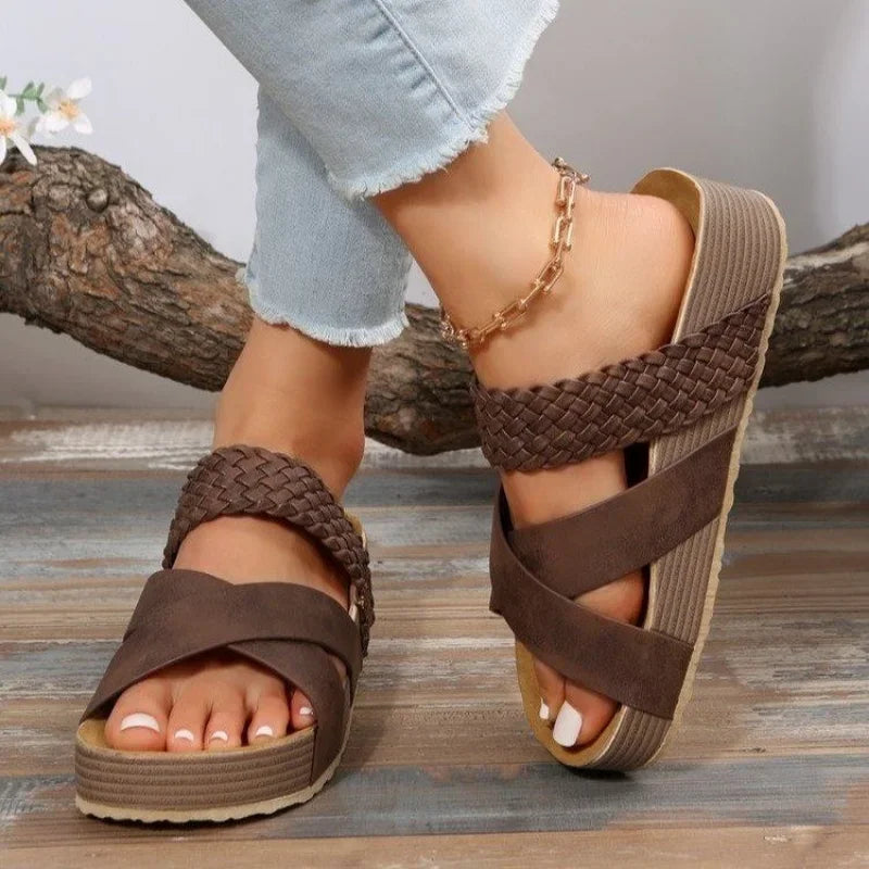 Summer Women Sandals Sexy Open Toe Broad Band Crossover Slip-On Thick Platform Sandal