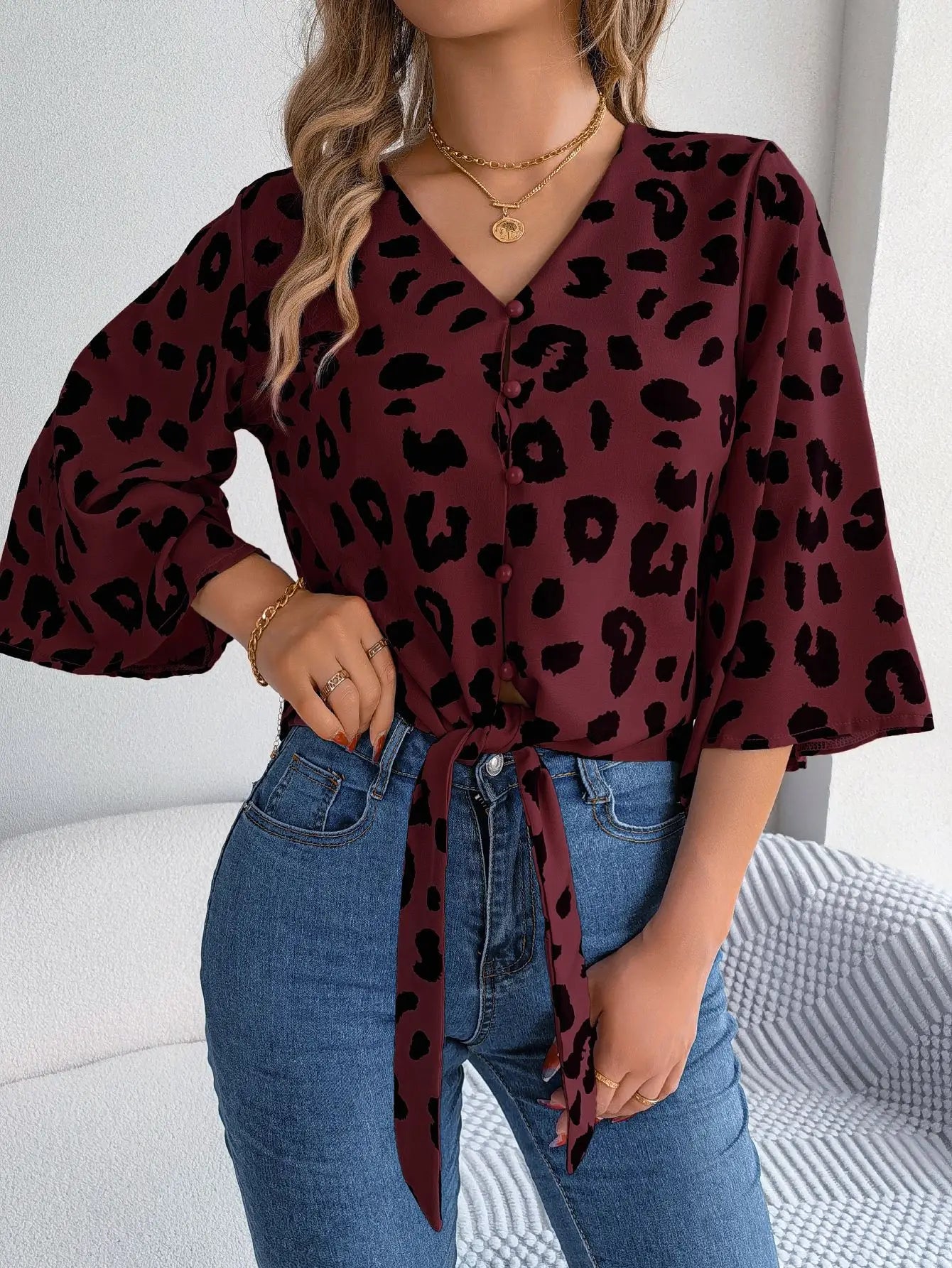 Casual Leopard Print Half Sleeve Top Button Shirt. S-XL