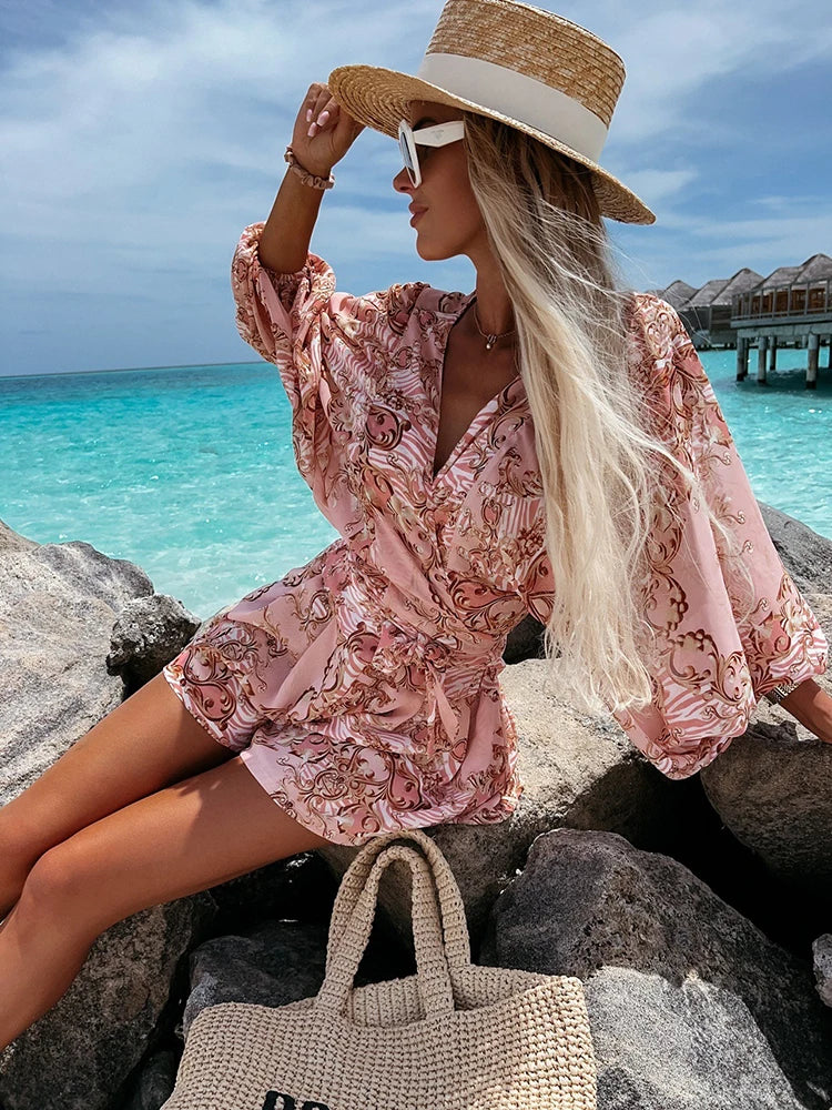 Sexy Deep V Neck Jumpsuit For Women Summer Casual Boho Outfit With Lantern Sleeve. S-2x