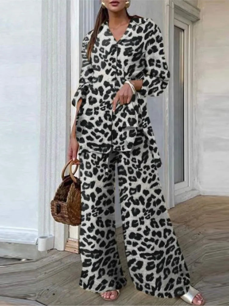 Long-sleeved V-neck Button-up Shirt + Wide-leg Pants 2 Piece Set For Women Autumn Leopard Print Loose Casual Suit. SZ: S-3X