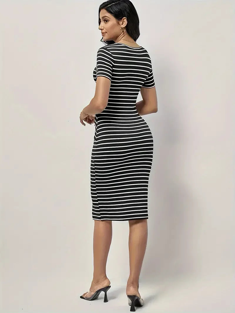 Summer European long striped women's fashion slim short sleeve dress. S-XL