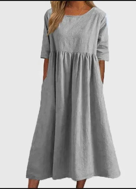 Casual Loose Long Plus Size High Waist Cotton Linen Dress. S-5X