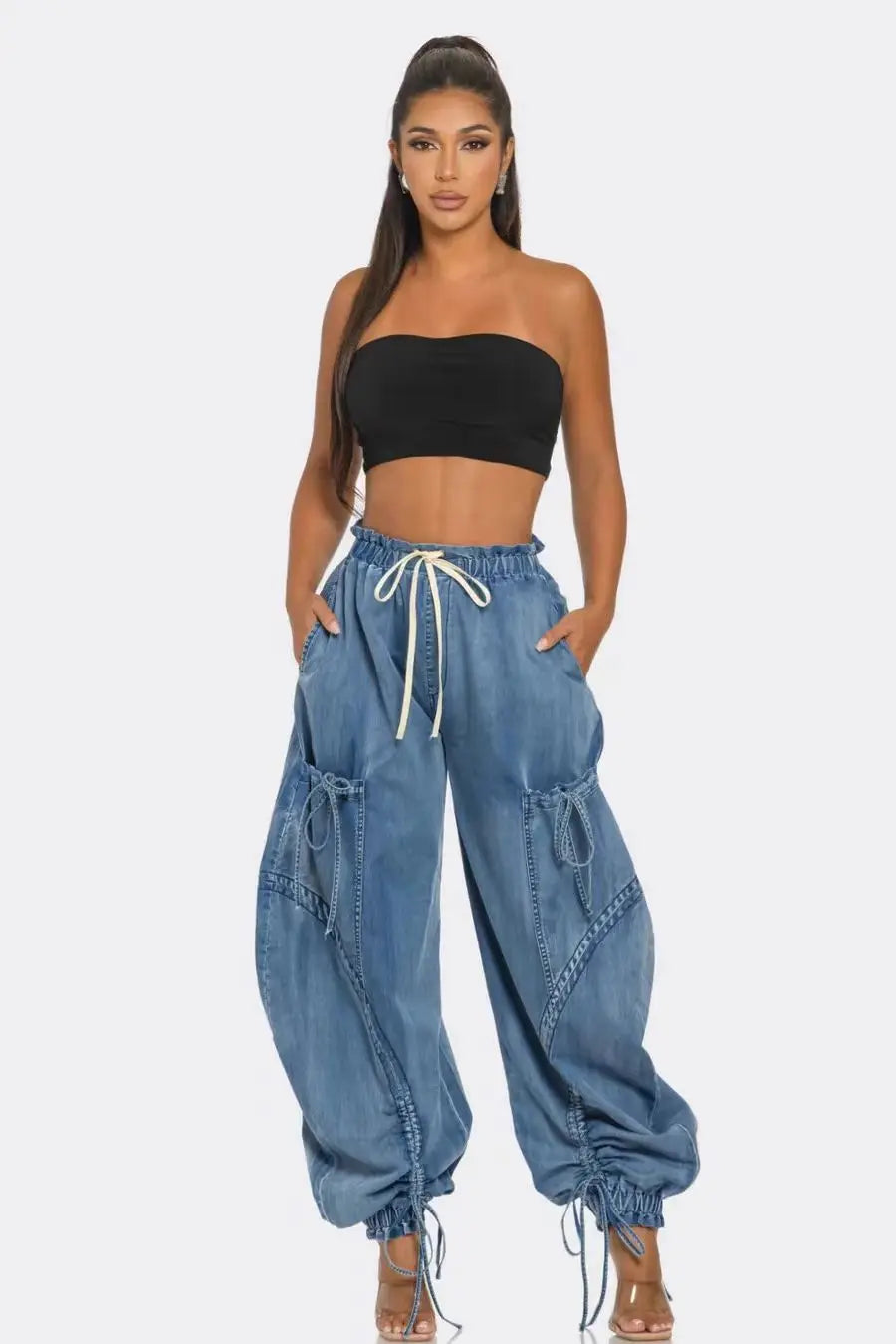 Lace Up Wide Leg Jeans Cargo Pant Sexy Women High Waist Elegant Street-wear Denim Loose Trousers. S-2X