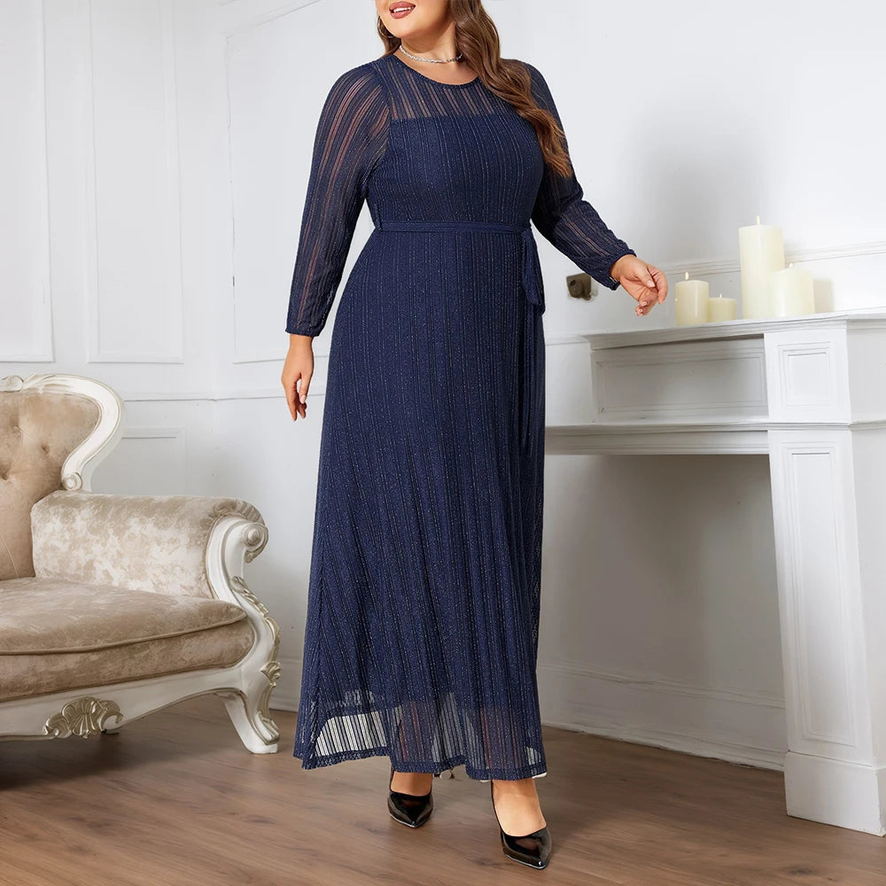 Plus Size Elegant Mesh Maxi Dress - Lantern Sleeve A-Line Evening Gown