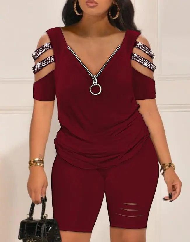 Casual Two Piece Set Short Sleeve Rhinestone Cold Shoulder Top & High Waist Shorts Set.