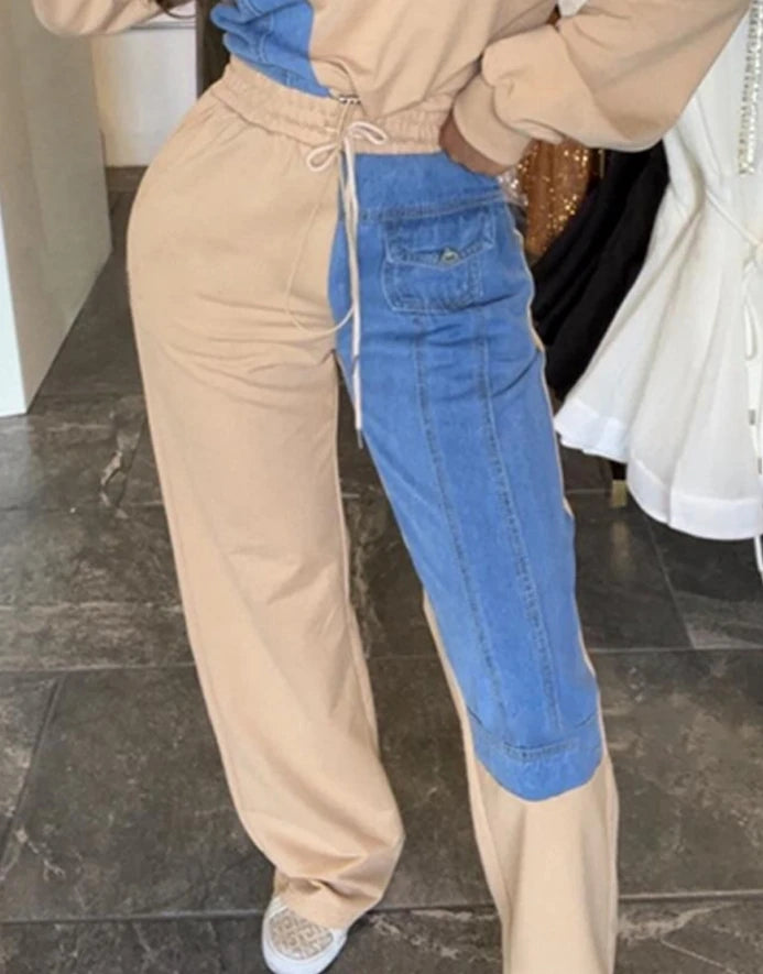Women's casual 2-piece set long sleeved drawstring sporty shirt high waist pant set .