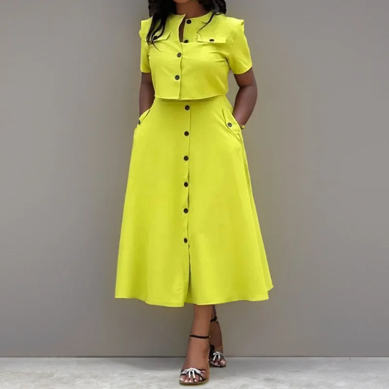 Women Top Skirt Set Summer Short Sleeve O-Neck Button Shirt + Midi Skirt Two 2 Piece Set. S-3X