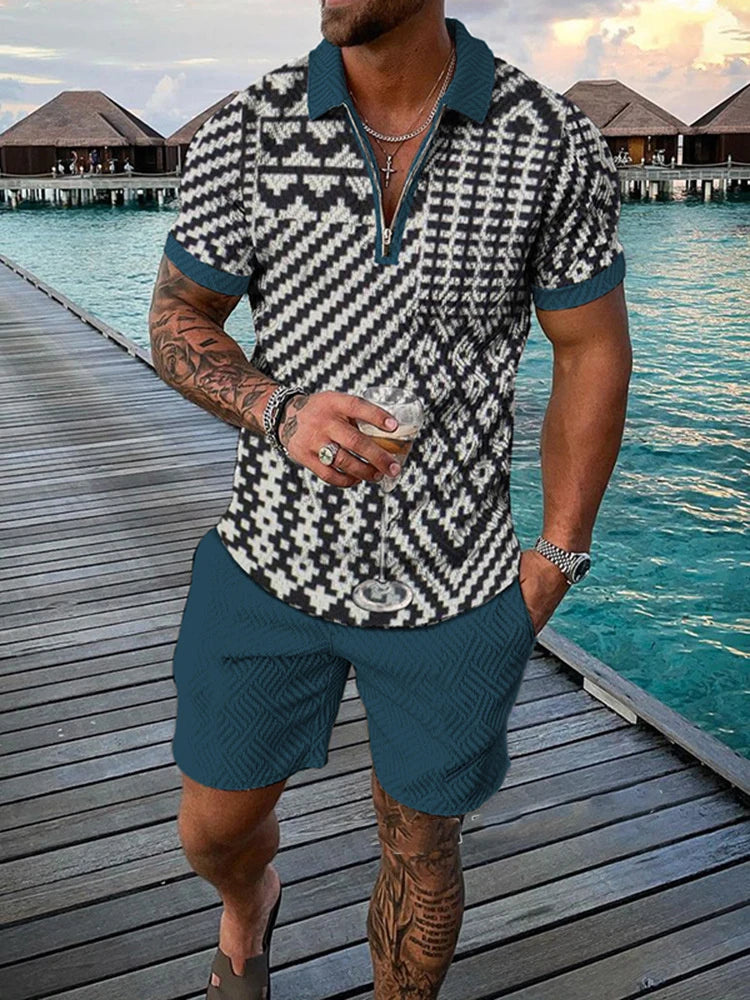 New Summer Trend Retro Print Men's Two Piece Set Casual Zipper Collar Polo Shirt And Shorts . S-5X