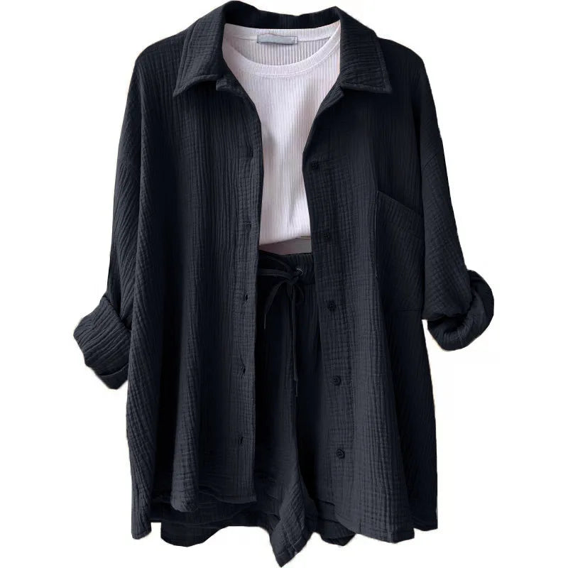 Ladies Shorts And Single Breasted Cardigan Blouse Two Piece Shorts And Loose Button Up. S-2x