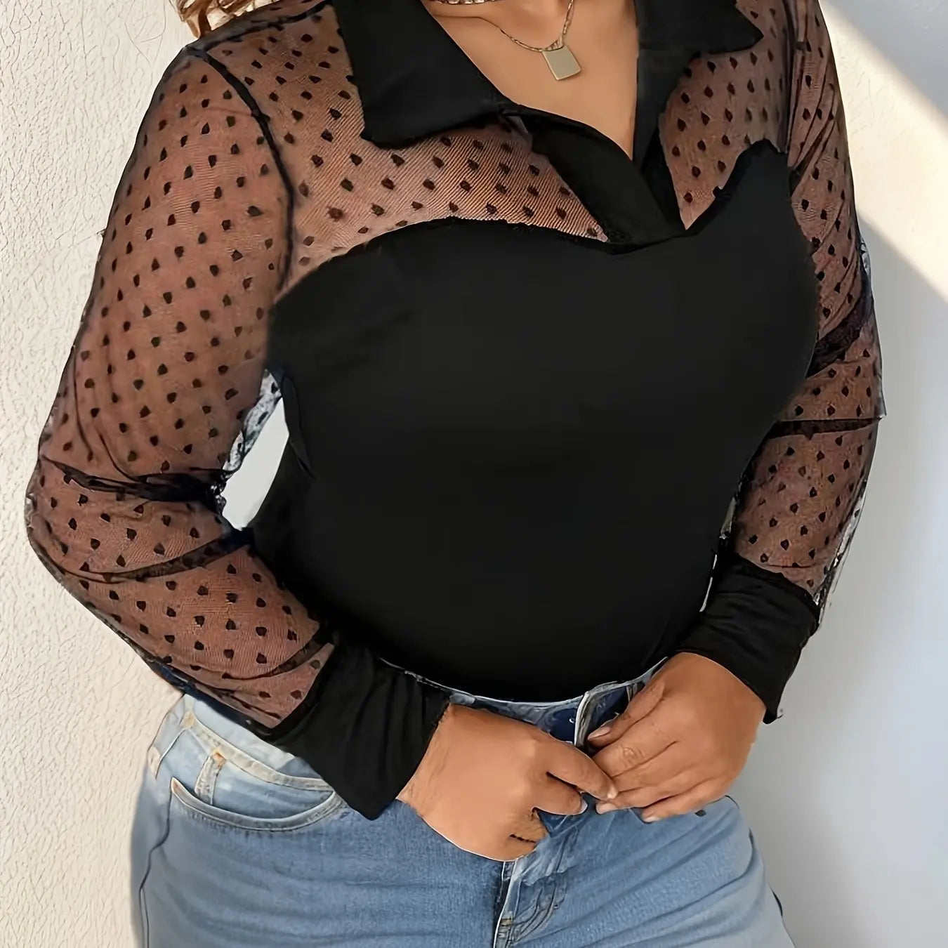 Plus Size Dot Mesh Blouse, Elegant Collared Long Sleeve Top.