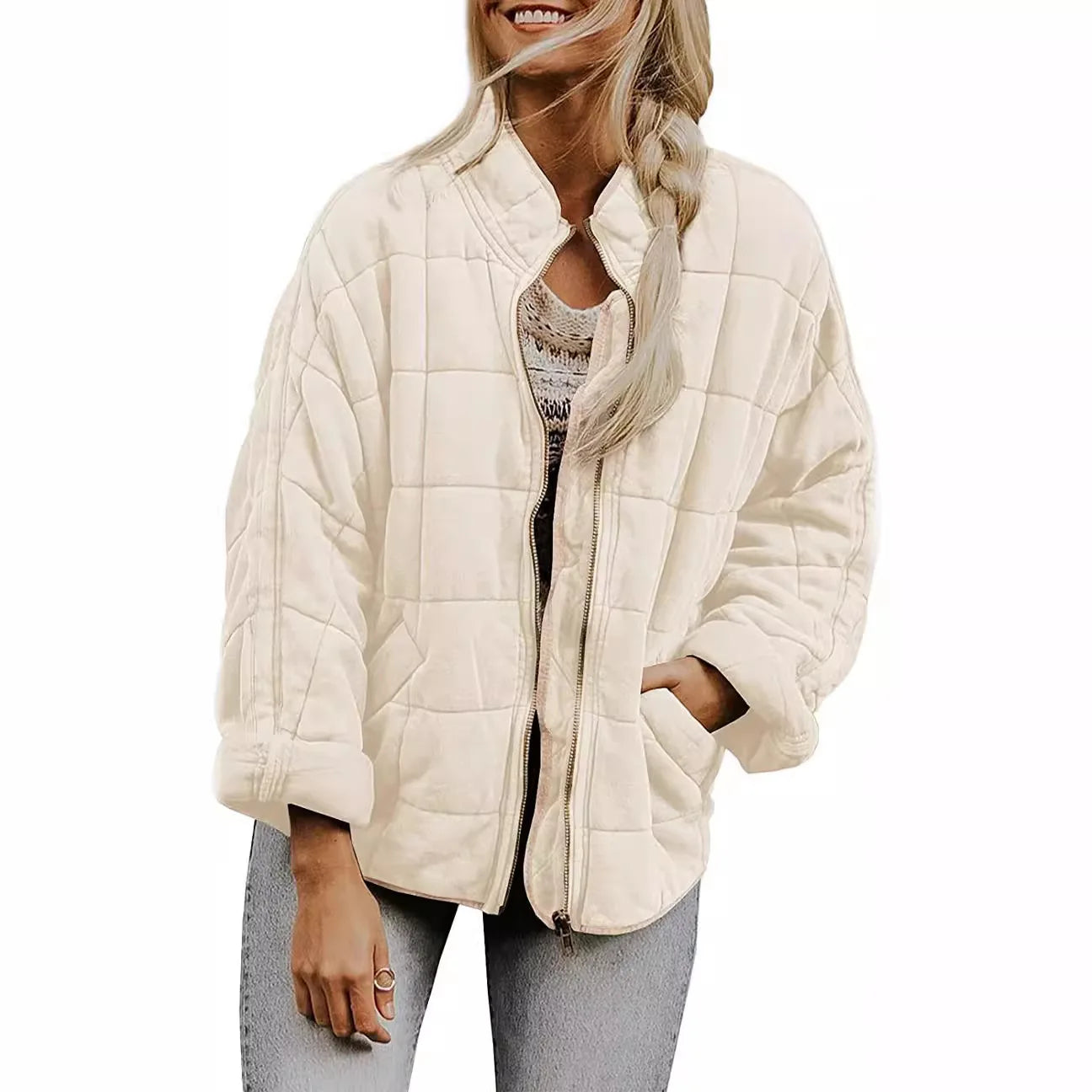 Solid Colour Stand-up Neck Cotton Jacket New Loose Pocket Long-sleeved. S-2X
