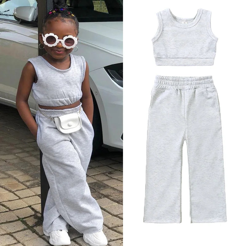 Fashion Kids Little Girls Clothing 2 Pieces Sets Cotton Solid Casual T-shirt+Elastic Waist Pants Young .