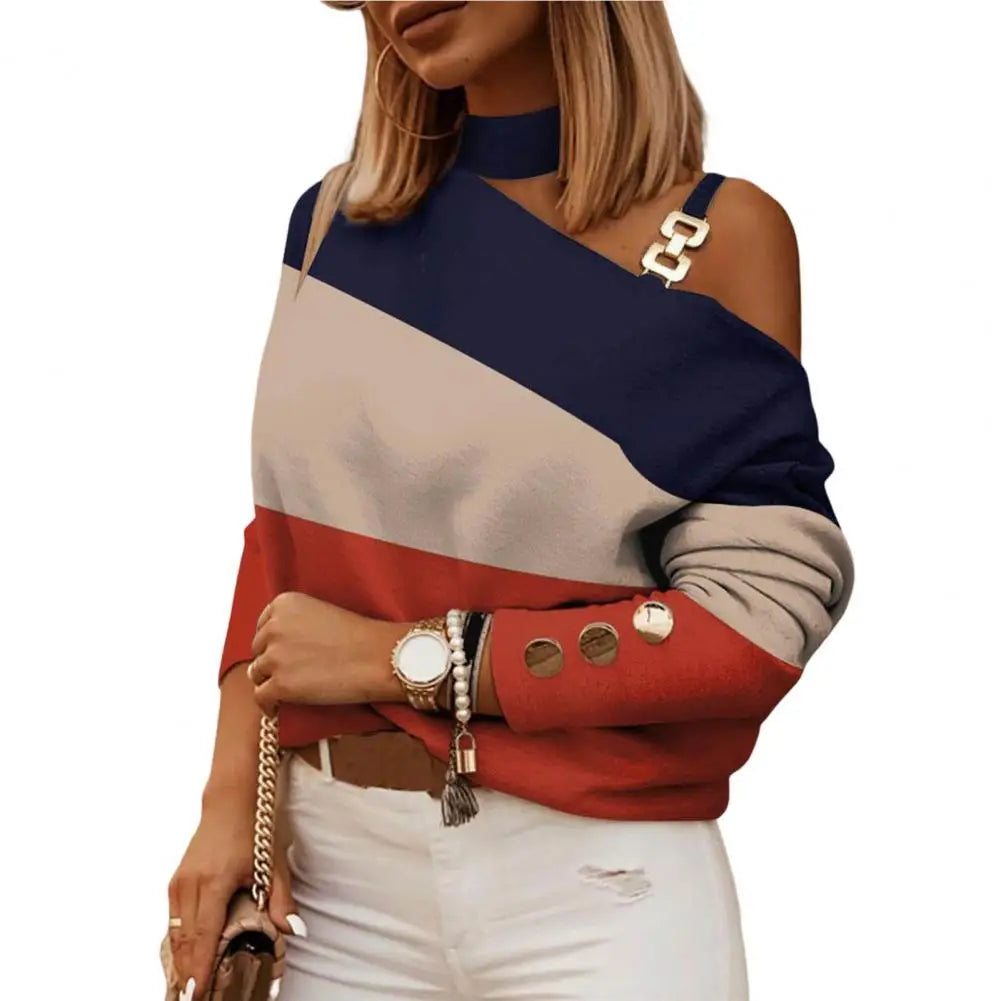 Spring And Autumn Women's Fashion Metal Button Oblique Shoulder Neck Shirt Elegant Woman Printed Long Sleeve Slim Fit Top Blouse. S-2x