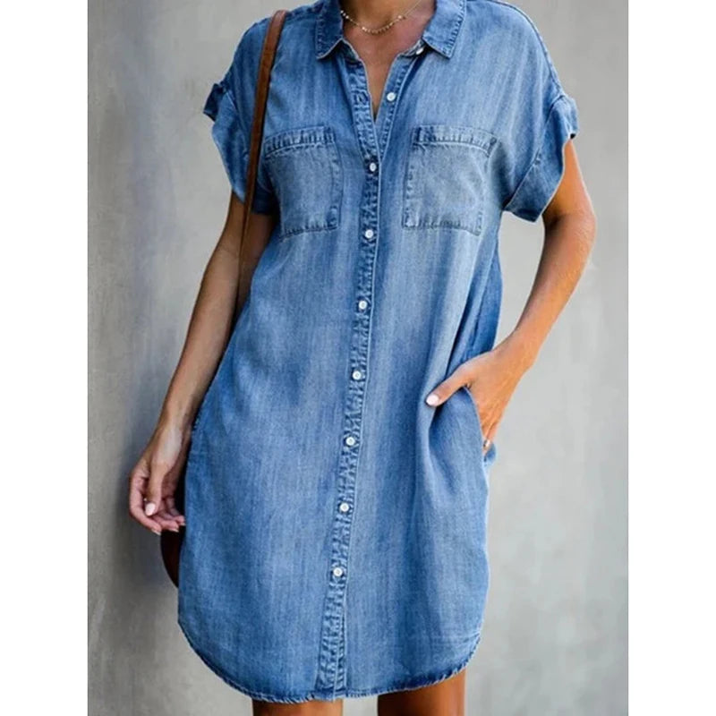 Summer New Single Breasted Denim Shirt Dress Casual Loose Pocket Simple Retro Denim Dress. S-5X