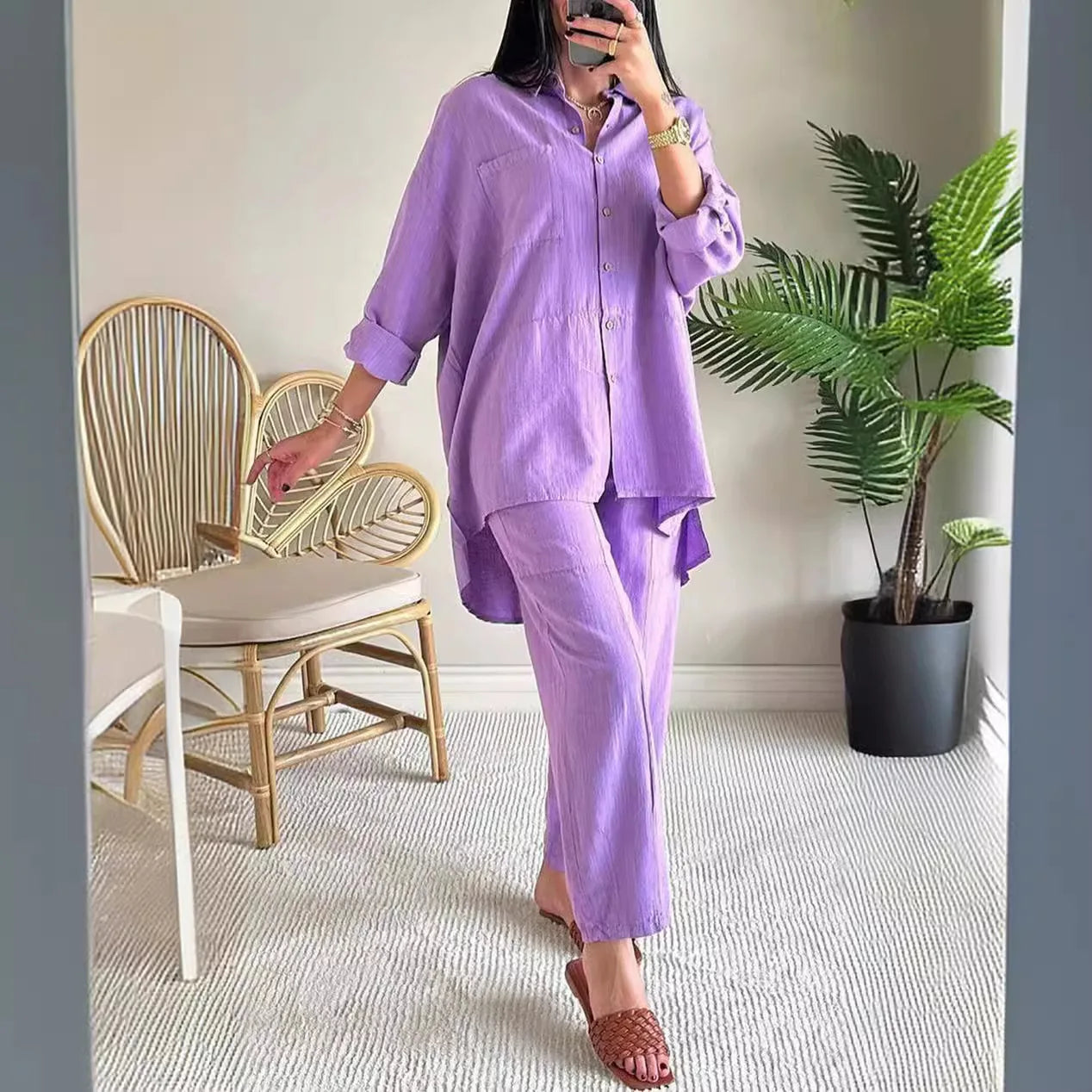 Women's Elegant Cotton Hemp Single Breasted Loose Fit Wide Leg Pants Two Piece Set. Sz: S-xxL