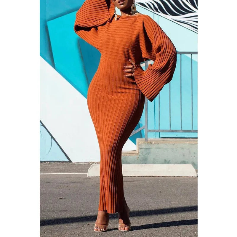 Women Fashion O Neck Long Sleeve Bodycon Midi Dress Elegant Loose Fit. M-3X