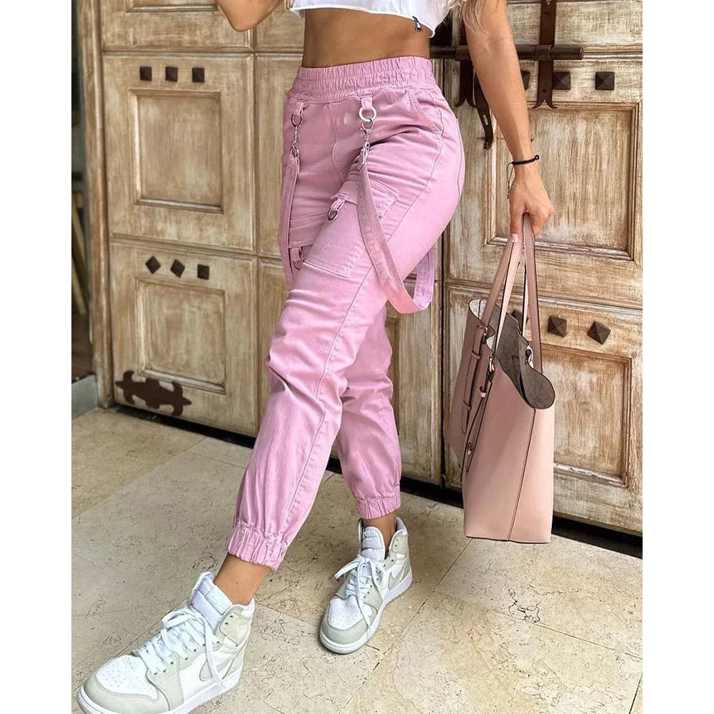 Cargo Pants Casual Trousers Solid Colour Trendy Street-Wear Pocket Design And Suspenders. Sz S-2x