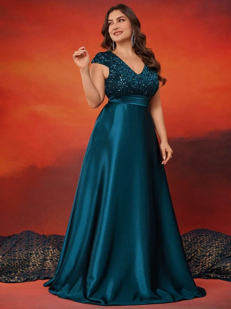 Plus Size Elegant V-Neck Sequin Evening Dress Long Luxury Satin Short Sleeves Party, Prom, Cocktail Dress