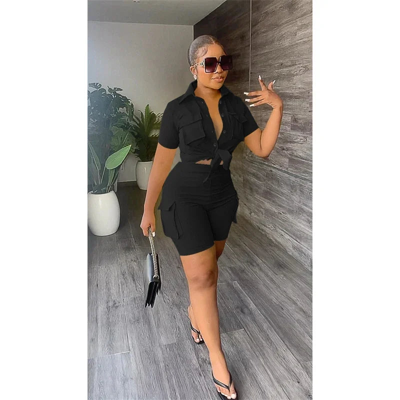 Ladies Two Piece Set For Summer, Pockets Short Sleeve Button-Up Shirt And Short Set. S-2x