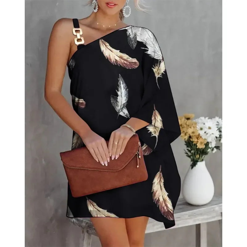 Summer Women's Dress One Line Diagonal Neck Off Shoulder Solid Colour and Metal Strap Bat Sleeve Dress. S-2X