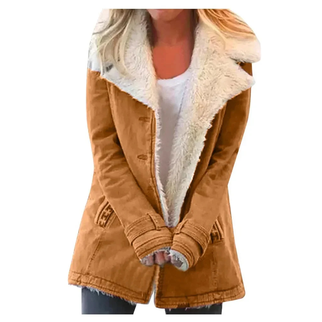 Women Autumn Winter Solid Color Plush Lapel Fashion Casual Jacket. S-3X