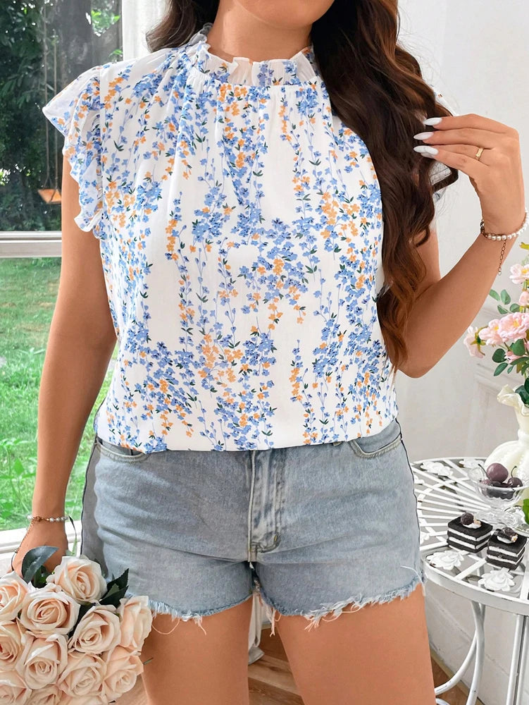 Plus Size Women's Bohemian Floral Printed Top casual Short Sleeve 2025 Summer Blouse.