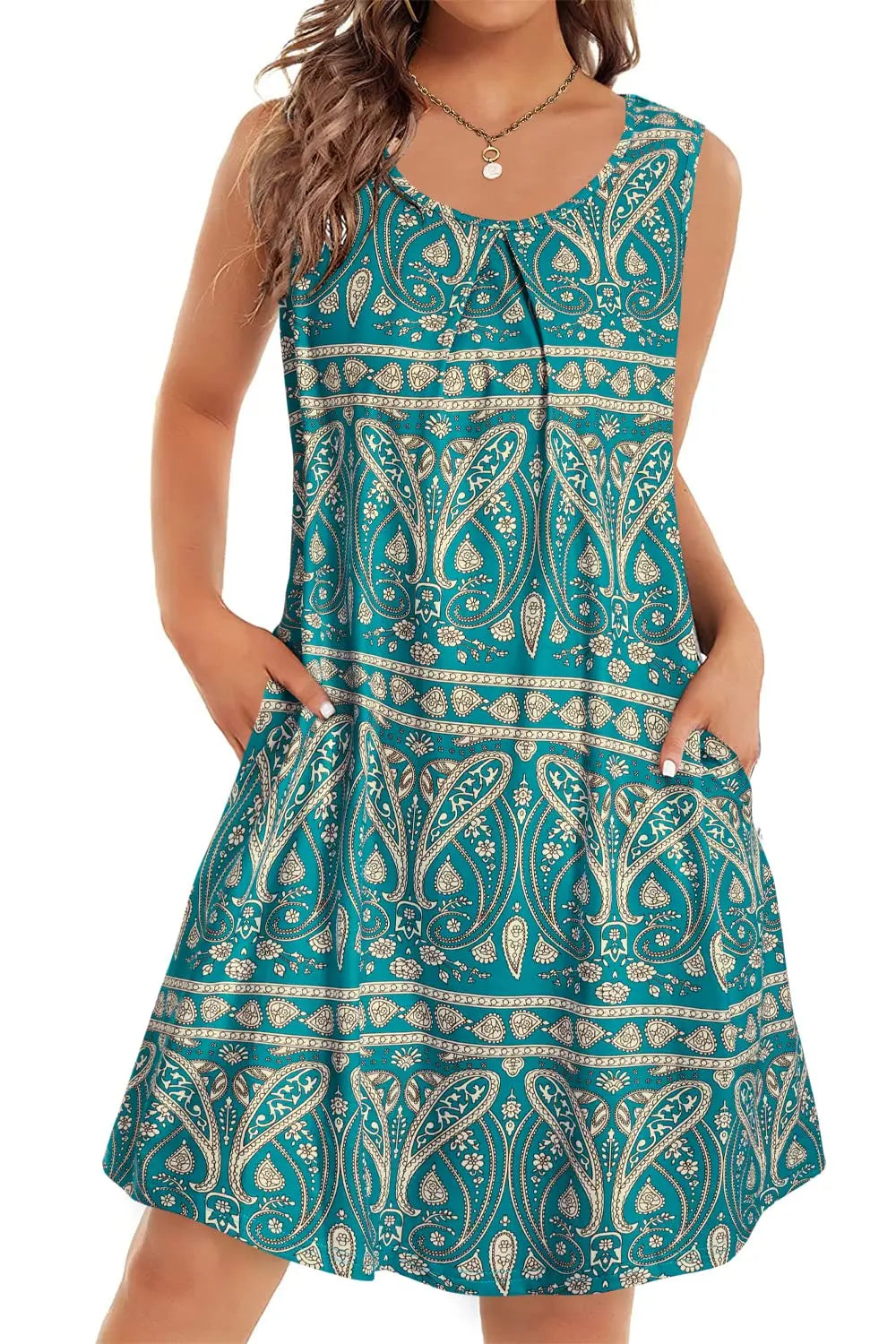 Bohemian Print Casual Sleeveless Women's Round Neck Dress Sweetheart Rustic Country Sleeveless Dress. S-3X
