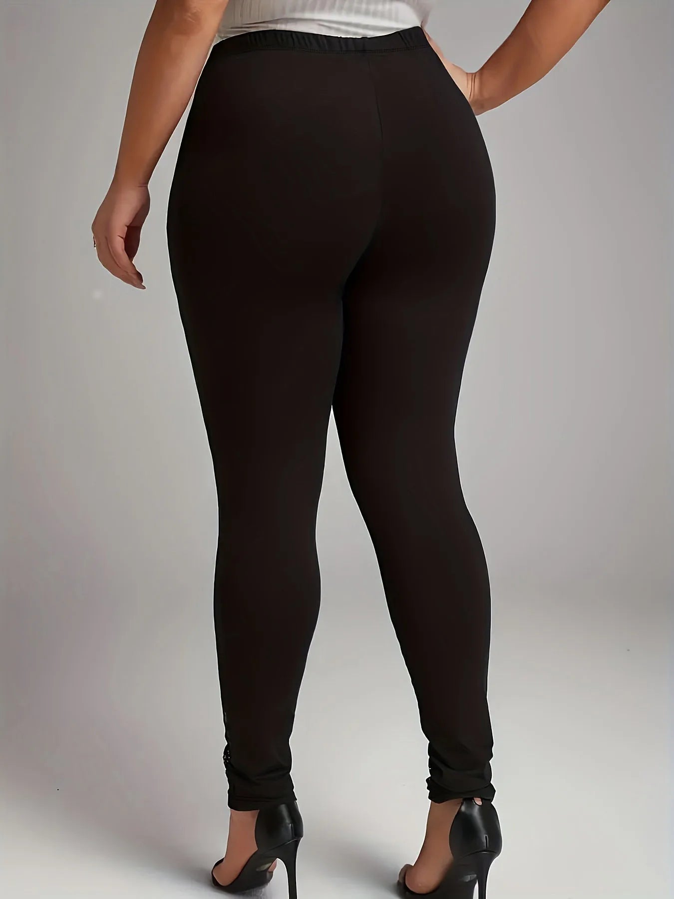 Plus size Women's leggings with lace patchwork and contrasting hollow out design, slim fit and slimming pants. L-8x