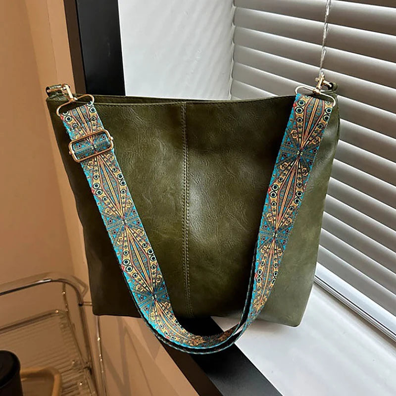 Versatile Geometric Strap Shoulder Bag Large Capacity Cross-body Retro Pu Leather Women's Bag